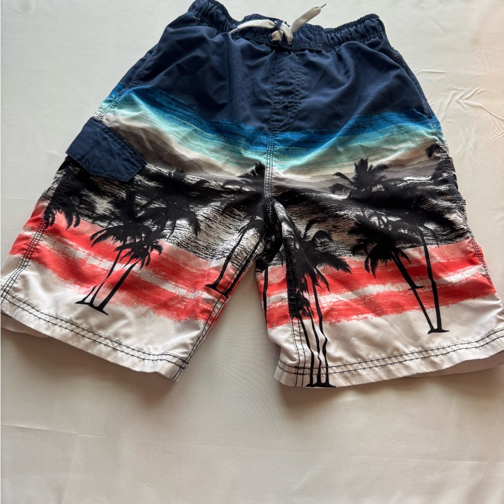 Okanu Brand, Blue & Red Striped Swim Trunks W/Tropical Print, Boy’s (Sz L 14/16) - Picture 7 of 7
